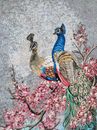 Peacocks on Cherry Blossom Mosaic close-up