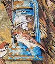 Two Sparrows on Tree Branch Mosaic крупным планом