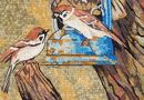 Two Sparrows on Tree Branch Mosaic крупным планом