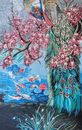 Peacocks on Cherry Blossom Mosaic close-up