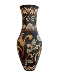 Muted Floral Pattern on Black Mosaic Clay Vase