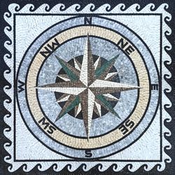 Mosaik Hellblauer Kompass mit schwarzen Wellen