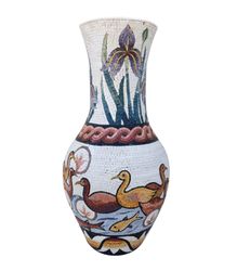 Mosaic Clay Vase with Ducks and Fish in Pond