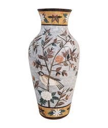 Mosaic Clay Vase with Bird on Blooming Tree Branch