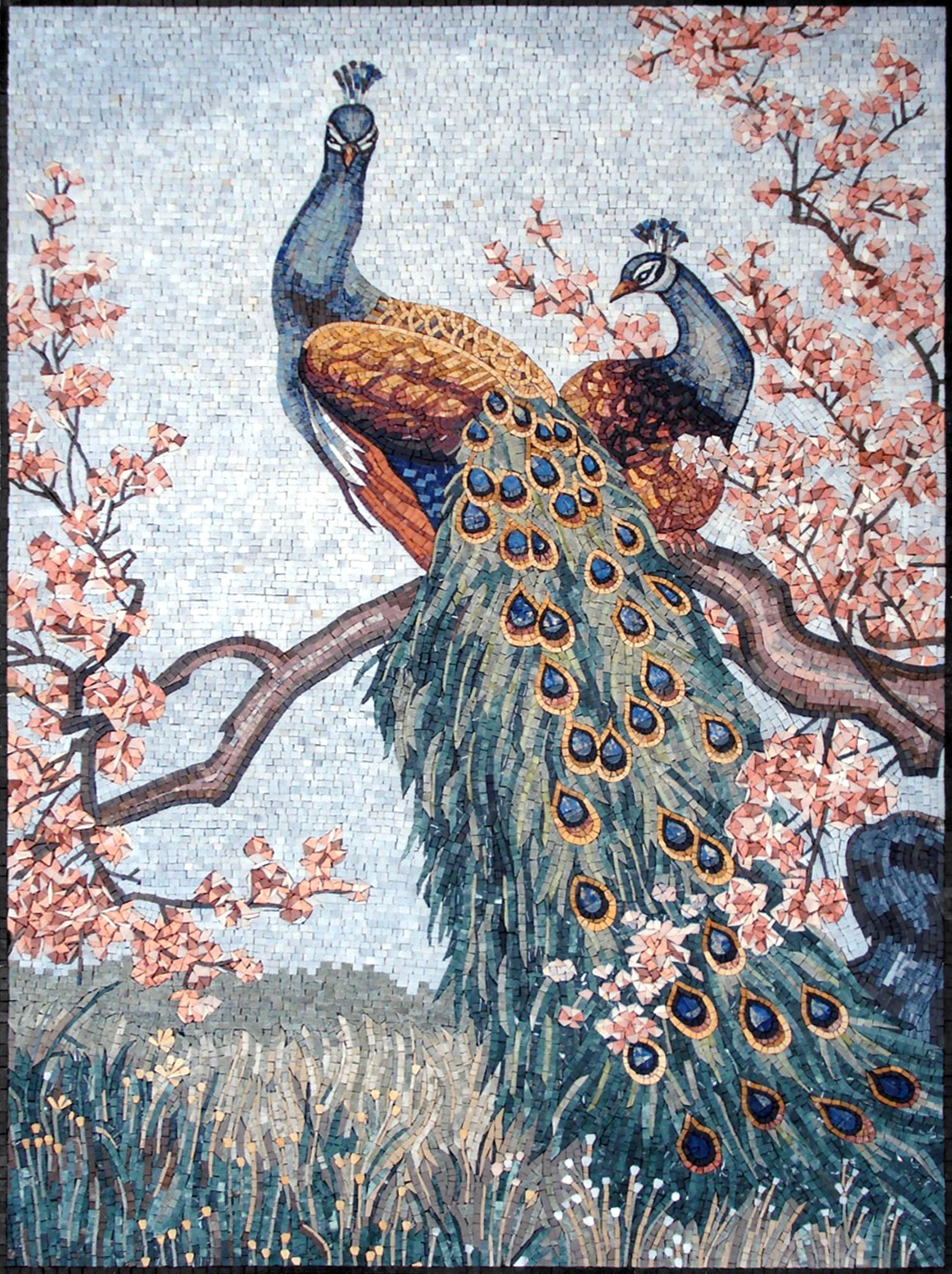Peacocks and Cherry Blossom Tree Mosaic | Mosaic Natural