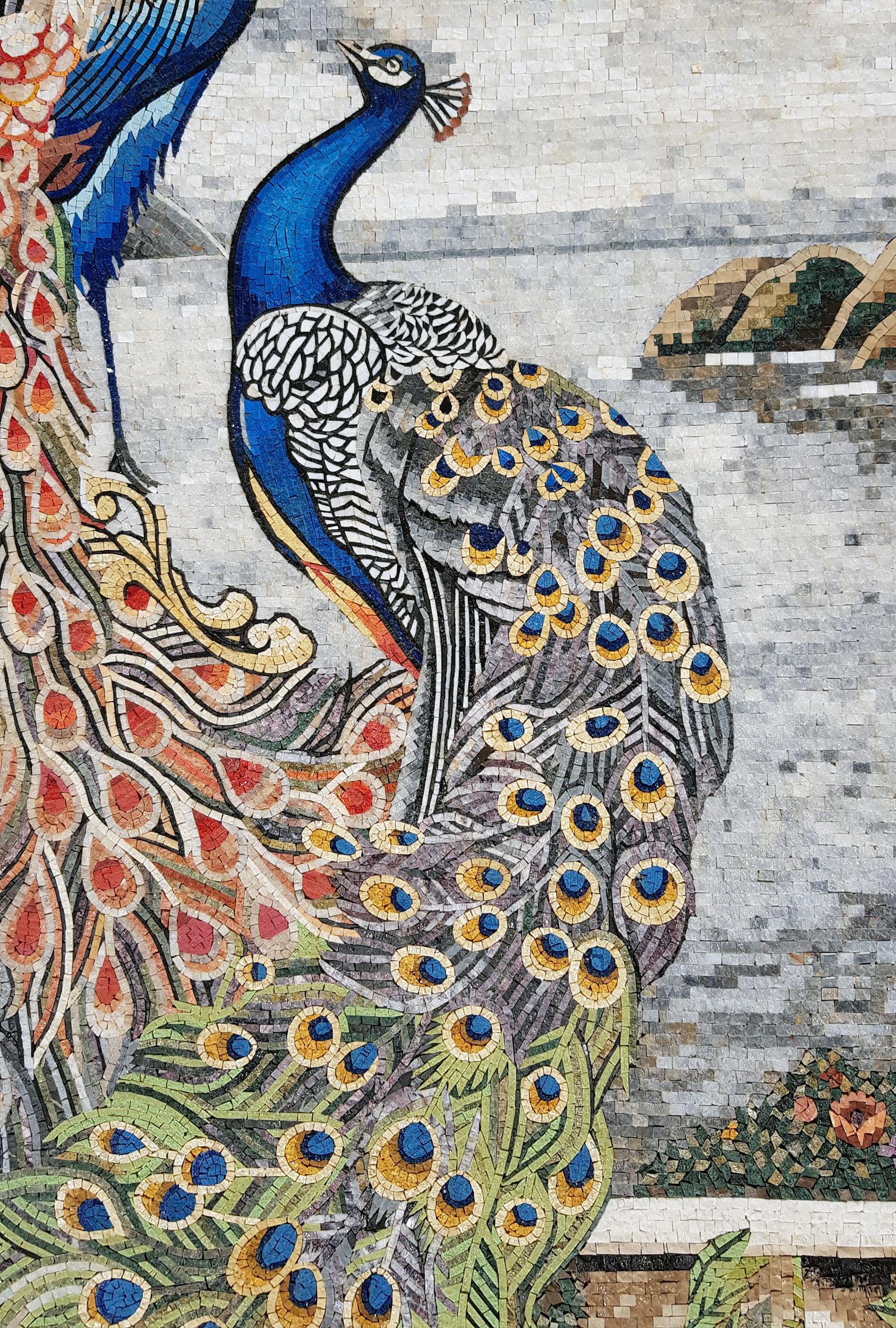Brightly Colored Peacocks by the Sea Mosaic | Mosaic Natural