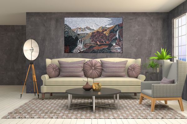 Mountain Range with Waterfall Mosaic Mural Installed