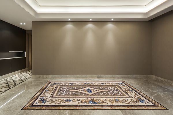 Ornate Brown Patterned Rug Mosaic with Blue Flowers Installed