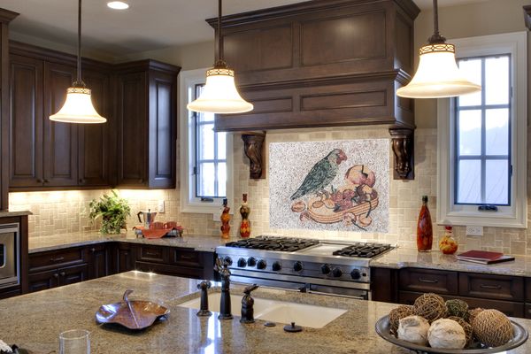 Papagei mit Früchten Mosaikwandbild Verlegt