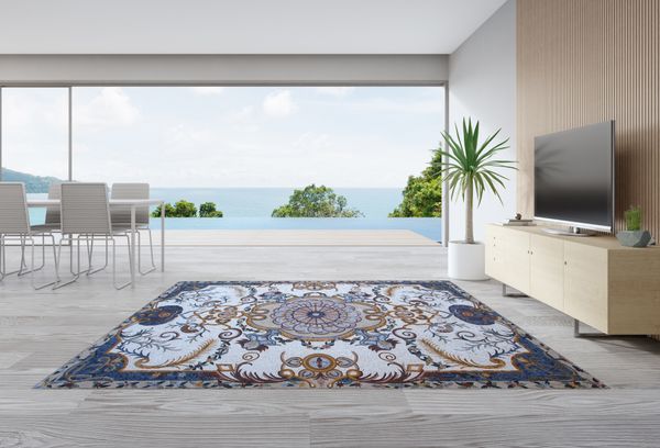 Blue and White Bohemian Rug Mosaic Installed