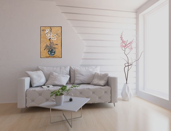 Белые цветы, картина из мозаики Установлена