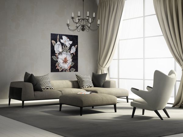 Белые цветы на черном, мозаика Установлена