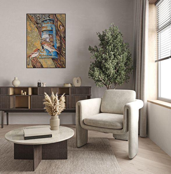 Two Sparrows on Tree Branch Mosaic Установлена